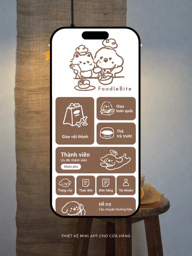 Giao diện FoodleBite gồm giao nội thành, giao toàn quốc, thẻ trả trước, thành viên và thanh điều hướng.