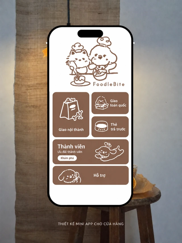 Màn hình FoodleBite với các thẻ dịch vụ, ưu đãi thành viên và mục hỗ trợ dễ tìm.