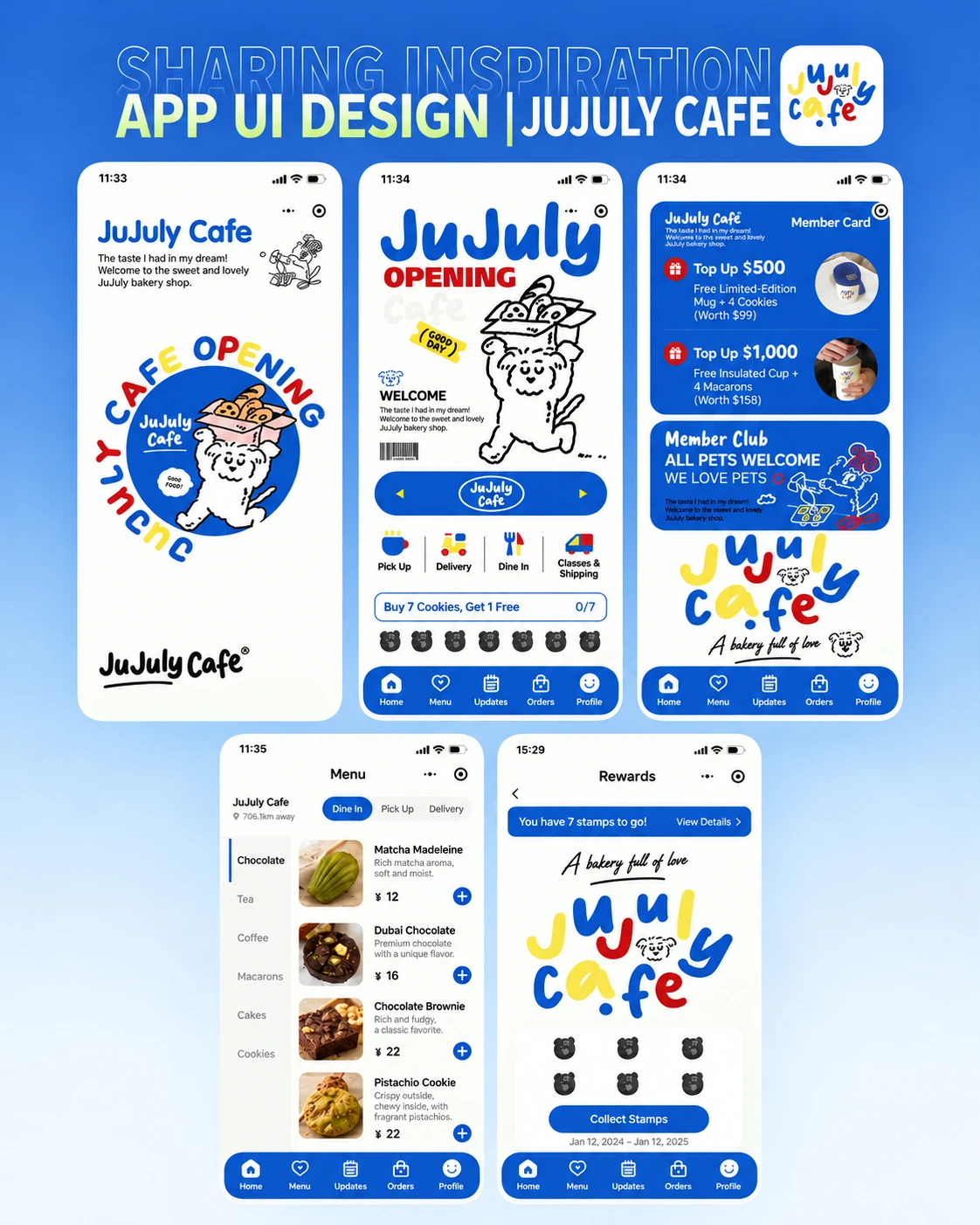 Bộ màn hình JuJuly Café màu xanh: trang chủ, menu, thẻ thành viên và tích dấu bánh với nhân vật chó lông xù.